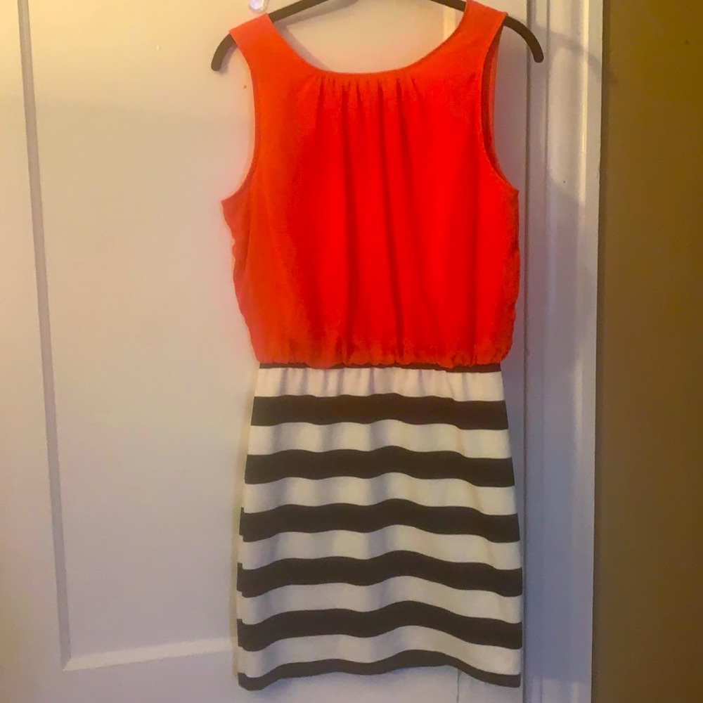 Size large coral and black and white striped dress, never worn